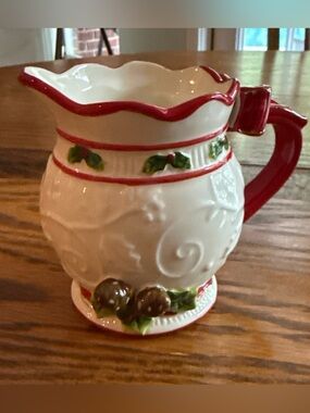 Festive Ceramic creamer with Red Trim and Holly Accents